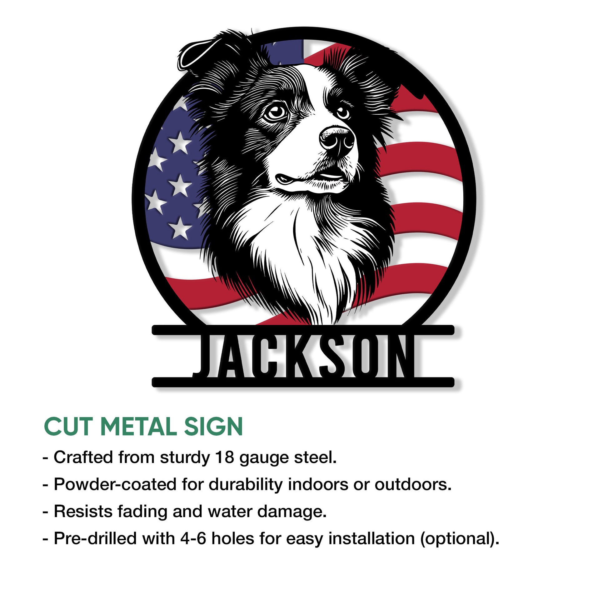 Border Collie cut metal sign product graphic showing the patriotic dog portrait and sign features