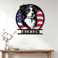 Border Collie patriotic metal wall sign displayed on a bright paneled entryway wall