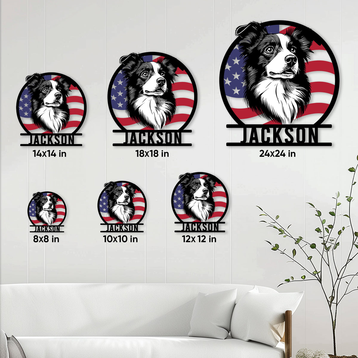 Border Collie metal sign size guide showing six square size options from 8 by 8 to 24 by 24 inches
