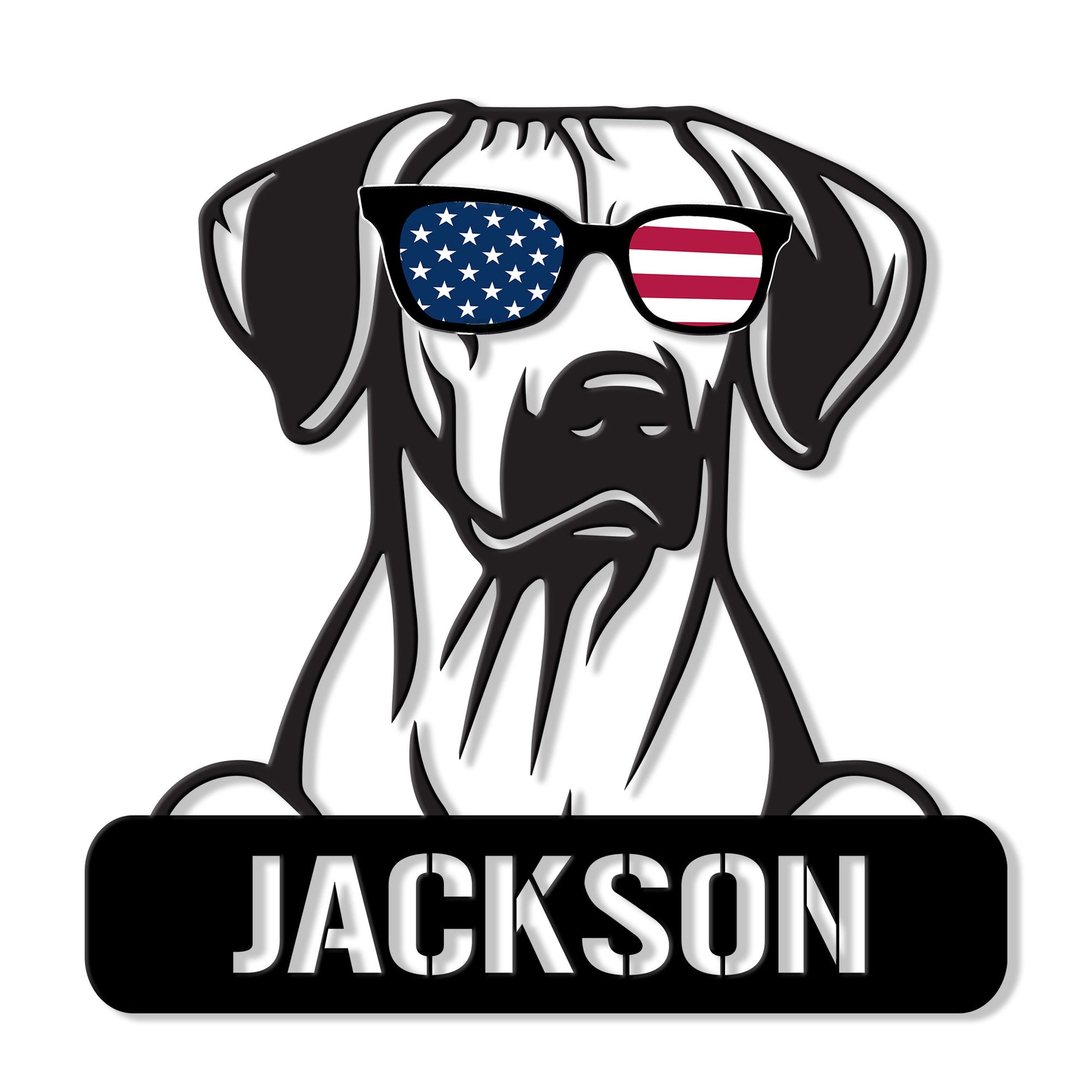Patriotic dog metal sign featuring a bearded dog portrait wearing American flag sunglasses