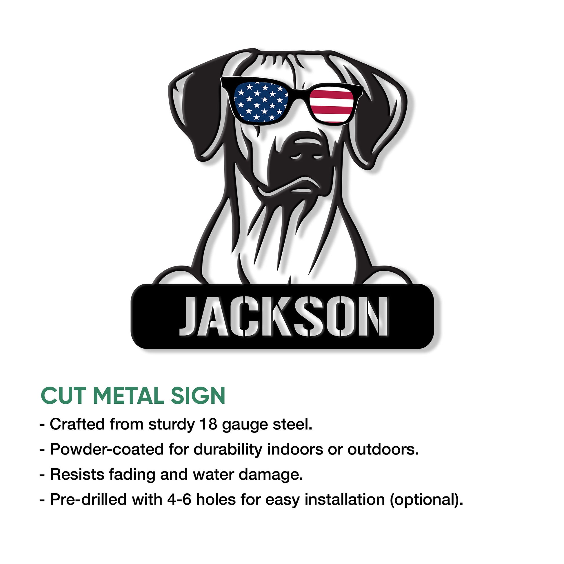 Patriotic dog cut-metal sign shown with its bold portrait design and installation details