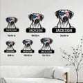 Patriotic dog metal sign size guide showing six available square size options