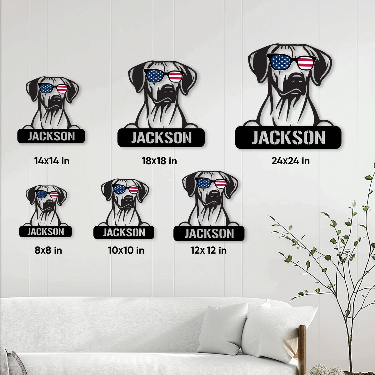 Patriotic dog metal sign size guide showing six available square size options