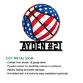 Cut metal basketball sign with an American flag-inspired design and product feature details