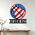 Patriotic basketball wall sign displayed on a bright paneled wall above a wooden console