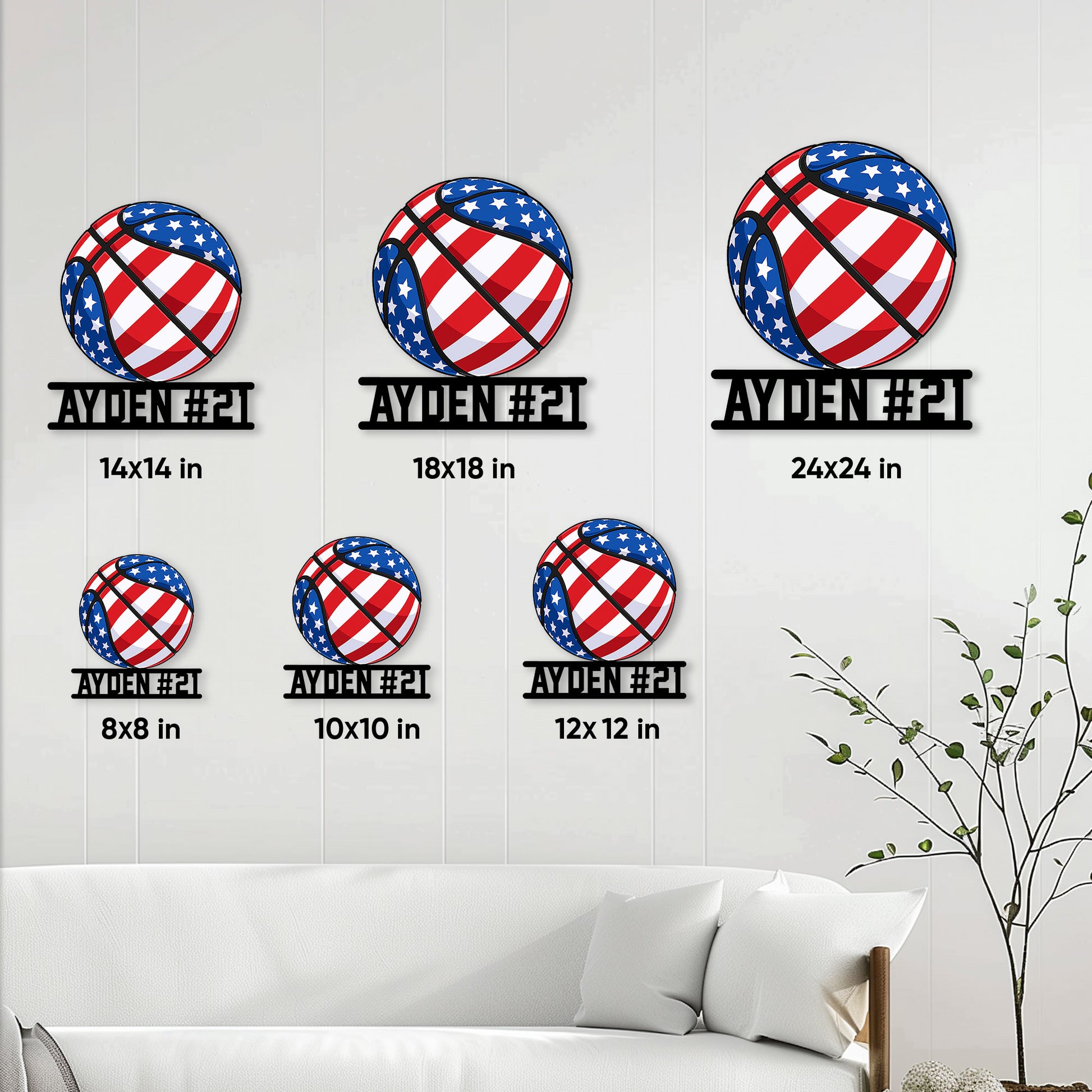 Basketball metal sign size guide showing available square dimensions from 8 by 8 to 24 by 24 inches