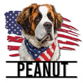 Patriotic Saint Bernard metal sign featuring a detailed dog portrait, American flag, and bold wall design