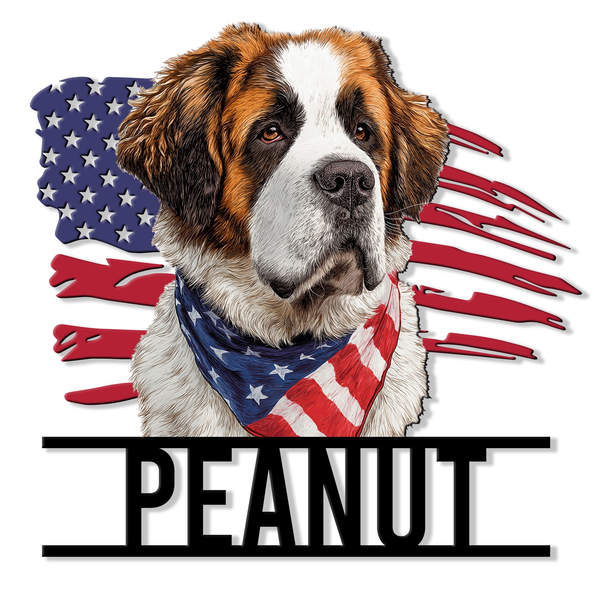 Patriotic Saint Bernard metal sign featuring a detailed dog portrait, American flag, and bold wall design