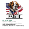 Saint Bernard metal sign artwork with an American flag backdrop and cut metal sign feature details