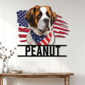 Patriotic Saint Bernard wall sign displayed above a console table in a bright home entryway