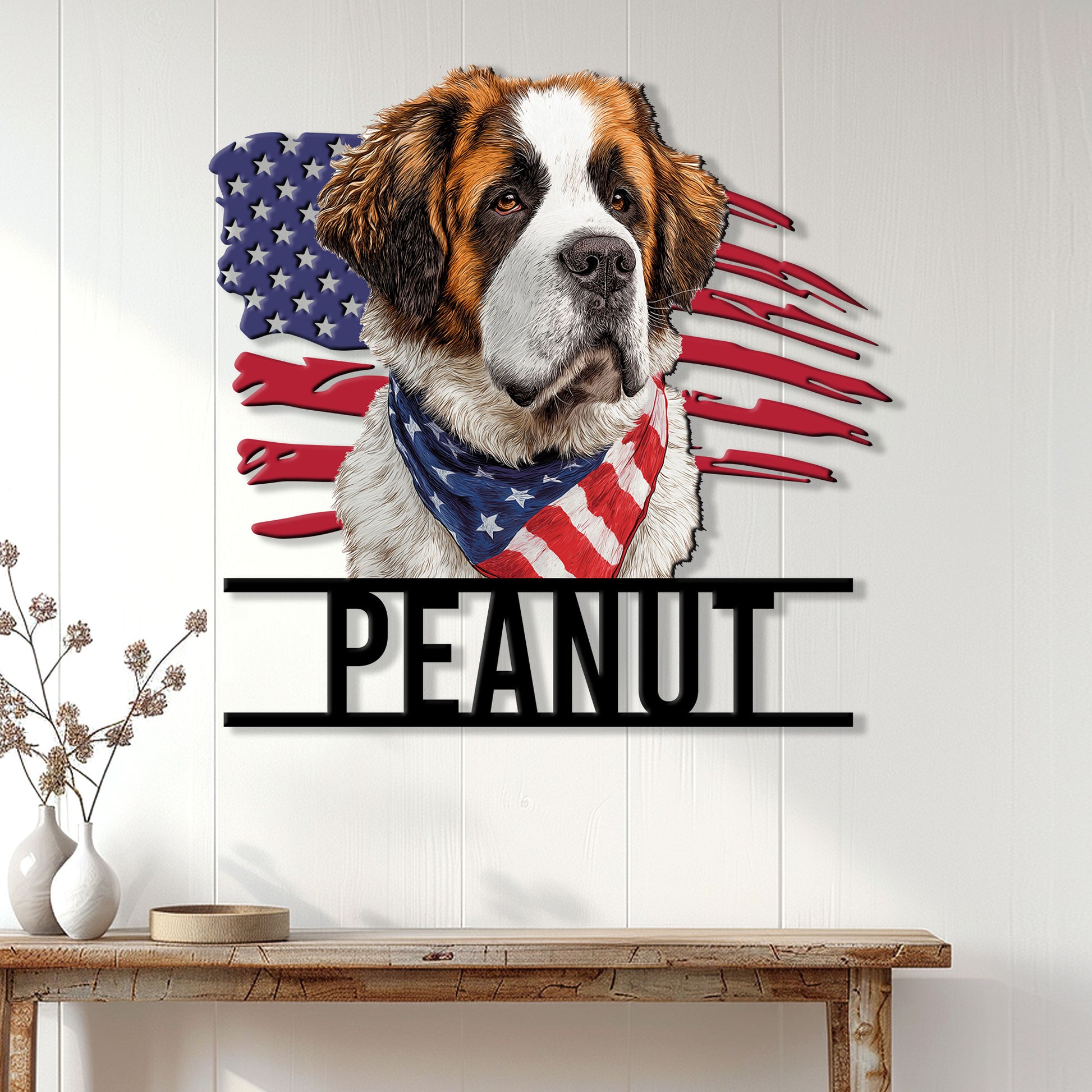 Patriotic Saint Bernard wall sign displayed above a console table in a bright home entryway