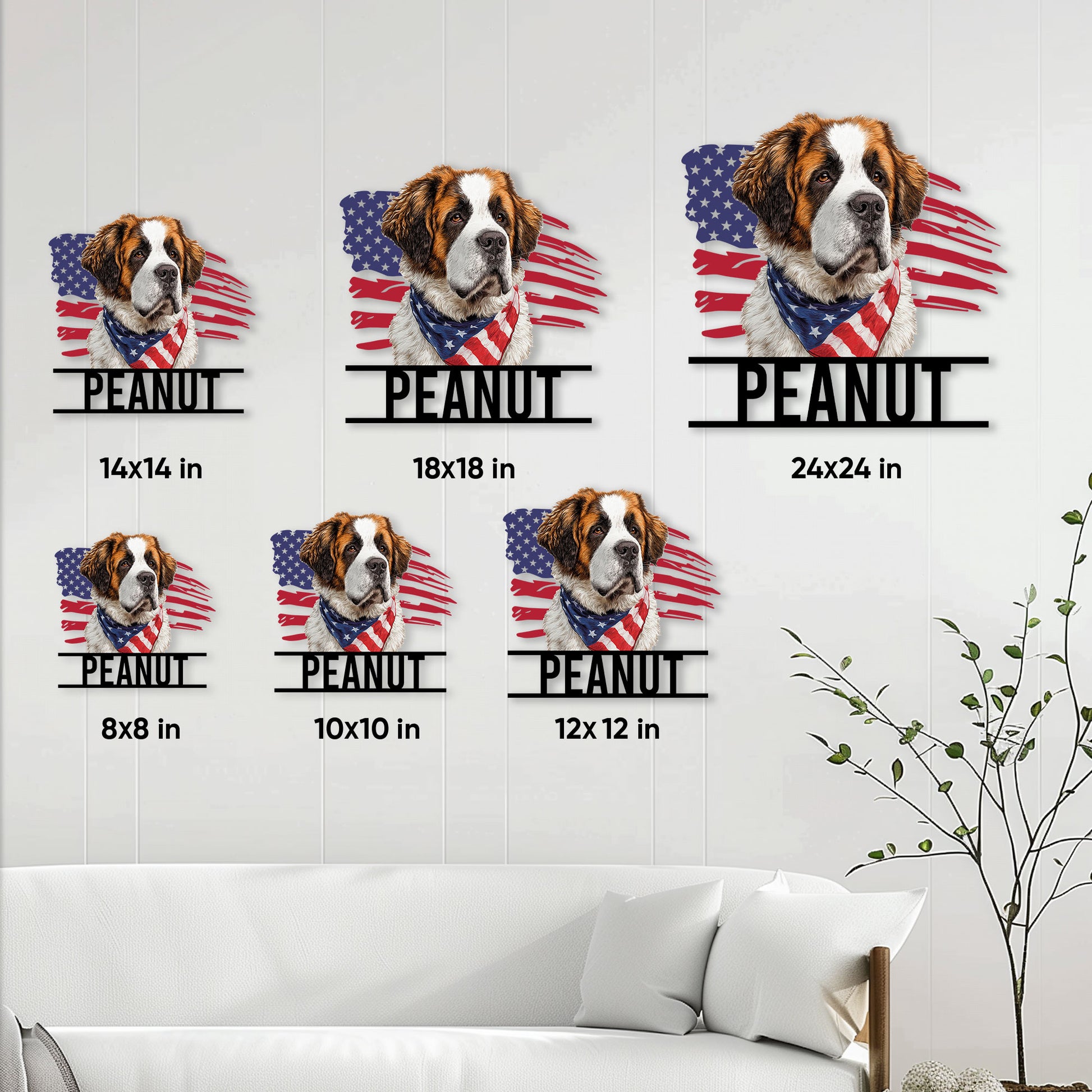 Saint Bernard metal sign size guide showing multiple square size options in a living room setting