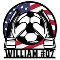 Patriotic soccer goalkeeper metal sign featuring gloved hands holding a soccer ball