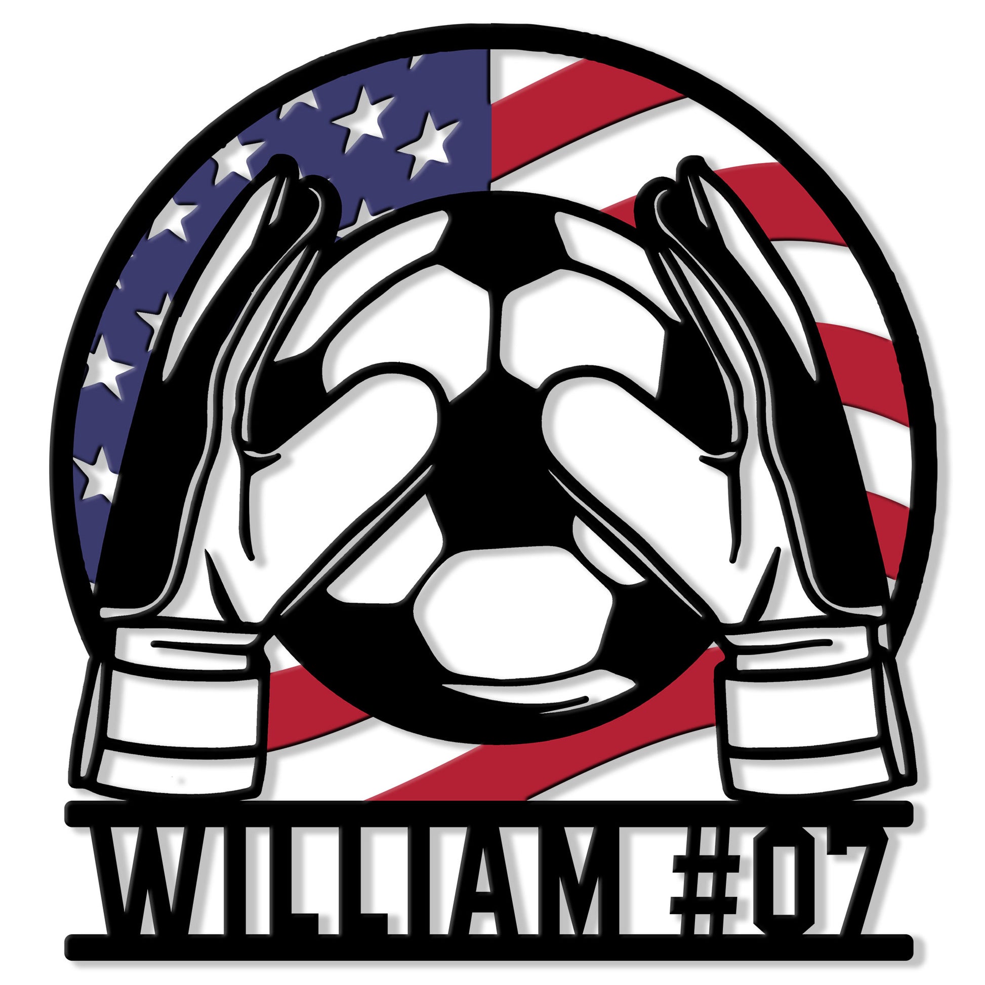 Patriotic soccer goalkeeper metal sign featuring gloved hands holding a soccer ball