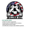 Soccer goalie metal sign shown with cut-metal construction and indoor or outdoor display details