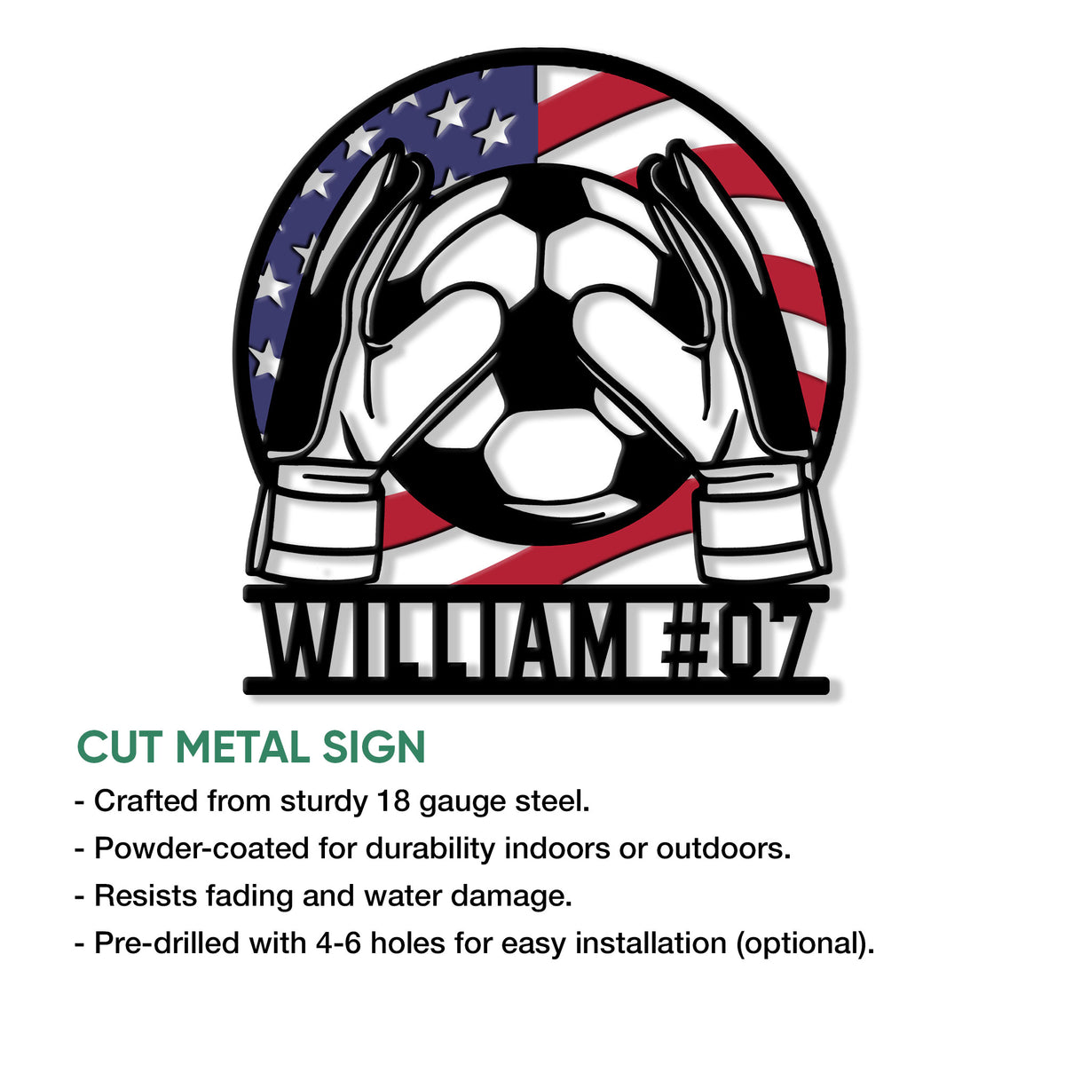 Soccer goalie metal sign shown with cut-metal construction and indoor or outdoor display details