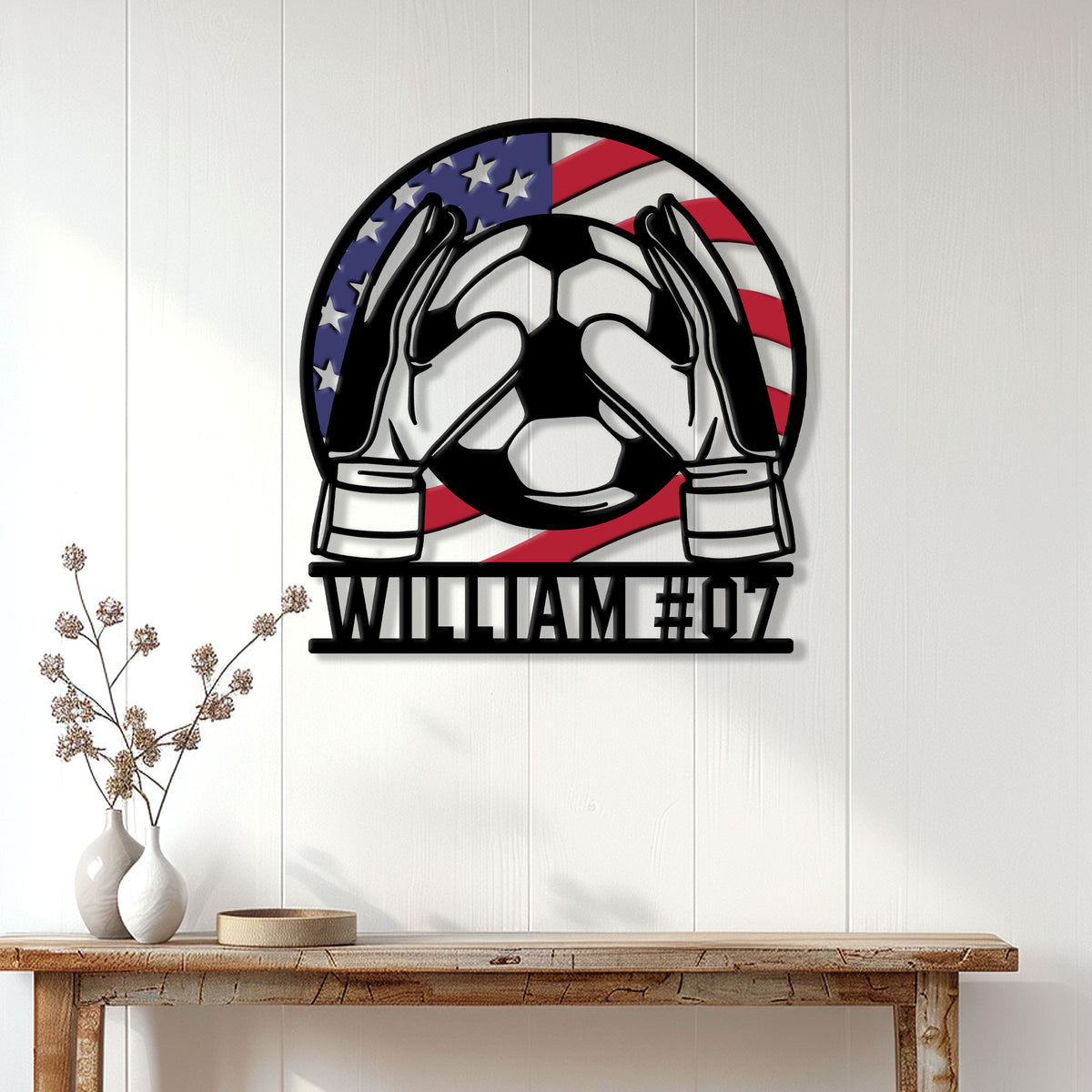 Custom soccer goalkeeper wall sign displayed on a bright home entryway wall