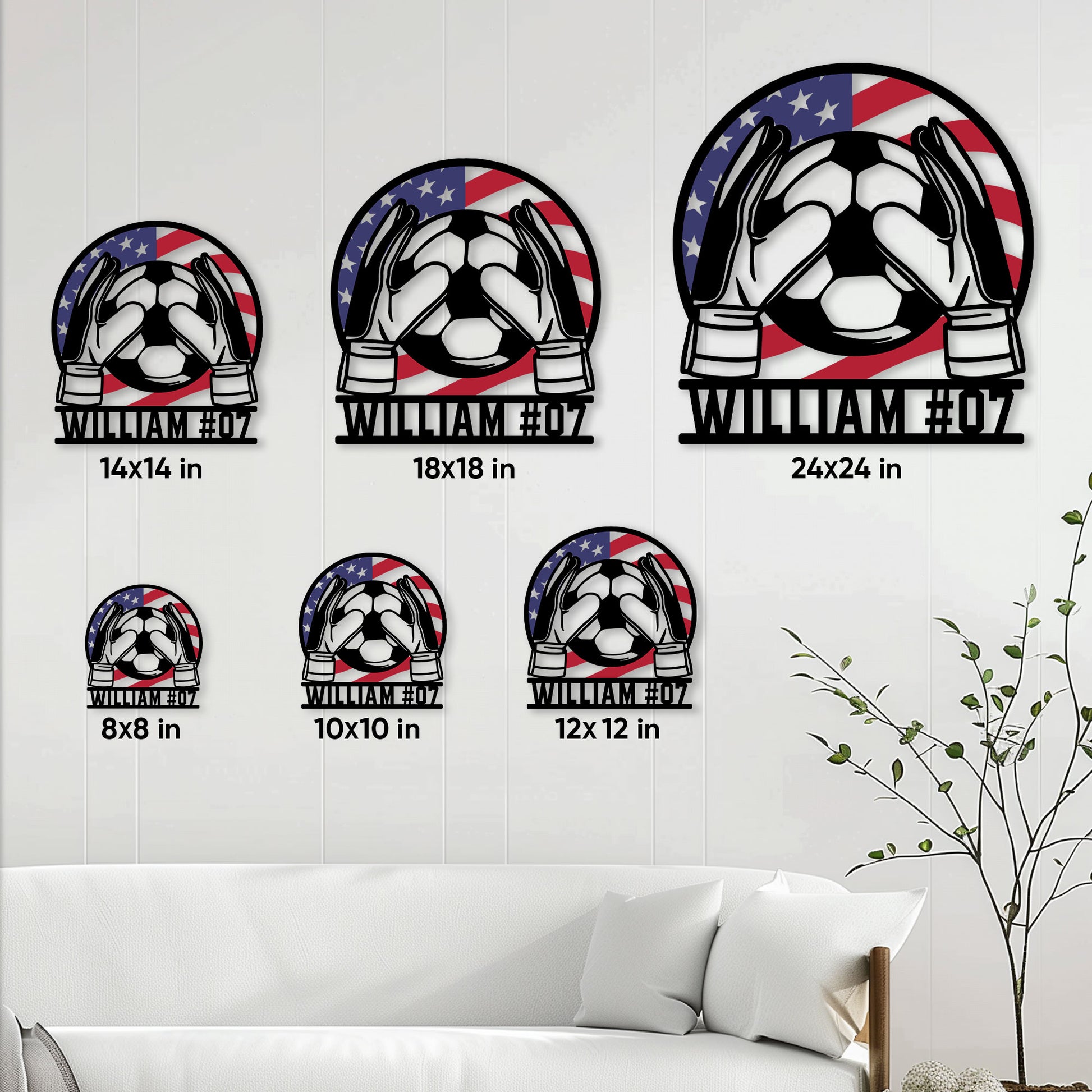Soccer goalie metal sign size guide showing available square sizes from 8 by 8 to 24 by 24 inches