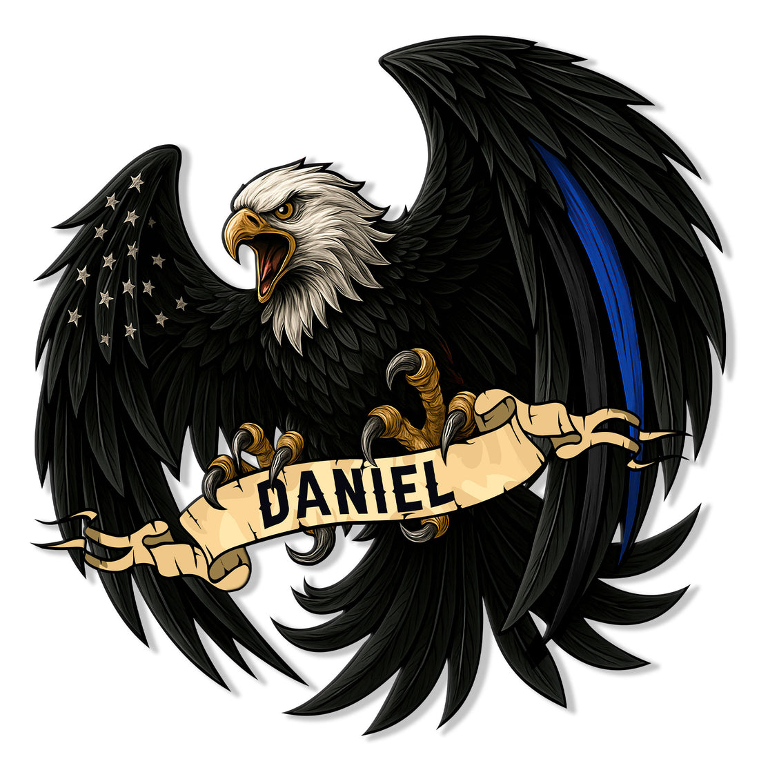Police eagle metal sign featuring a fierce bald eagle, stars, blue stripe, and dramatic patriotic artwork