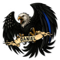 Police eagle metal sign featuring a fierce bald eagle, stars, blue stripe, and dramatic patriotic artwork