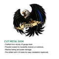 Police metal sign product graphic featuring a patriotic bald eagle design and cut metal sign details