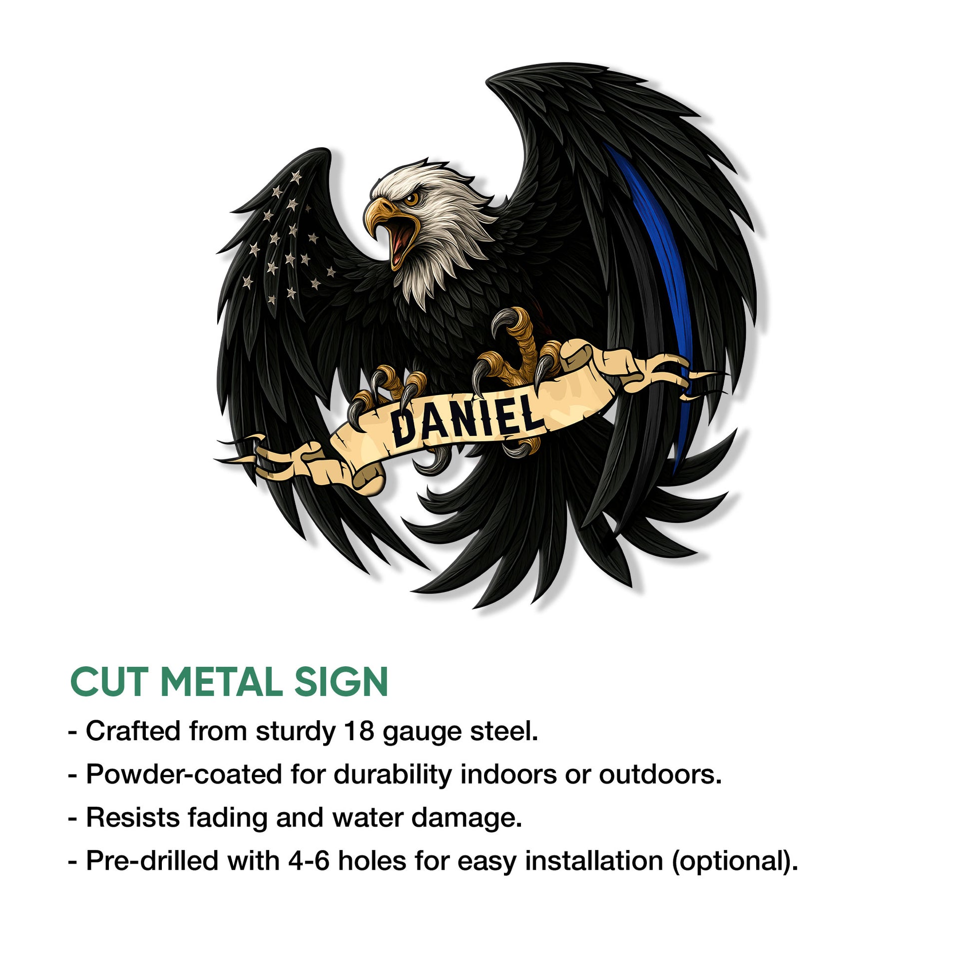 Police metal sign product graphic featuring a patriotic bald eagle design and cut metal sign details