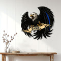 Patriotic police eagle metal sign displayed as bold law enforcement wall decor in a bright home entryway