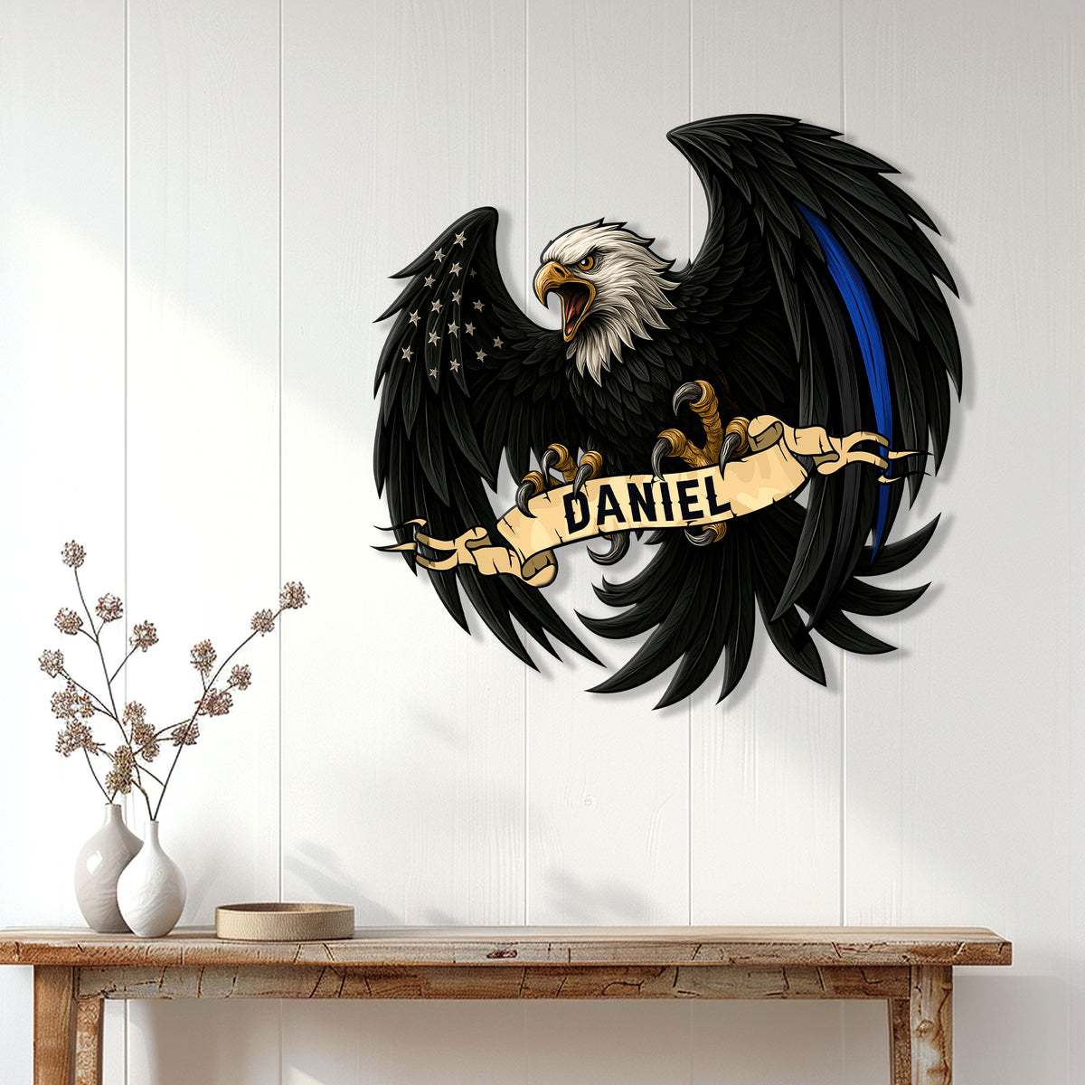 Patriotic police eagle metal sign displayed as bold law enforcement wall decor in a bright home entryway