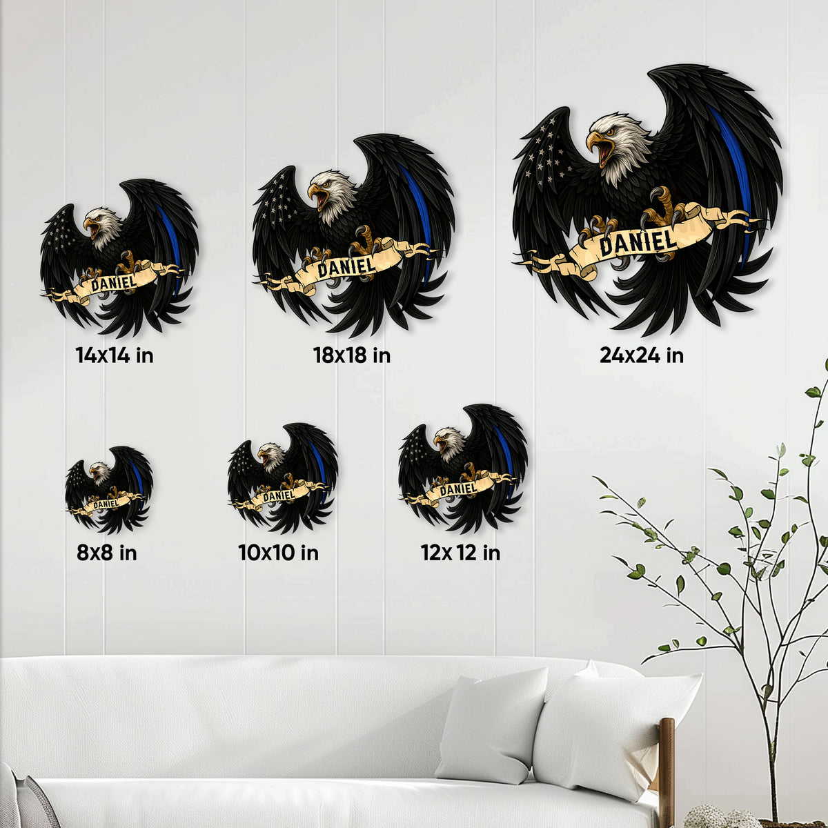 Police eagle metal sign size guide showing available square sizes from 8 by 8 to 24 by 24 inches