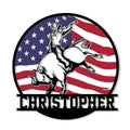 Rodeo bull rider metal sign with a patriotic American flag background and bold western artwork