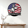 Rodeo bull rider wall sign displayed on a white paneled wall above a rustic console table