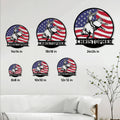 Rodeo bull rider metal sign size guide showing multiple circular size options in a living room