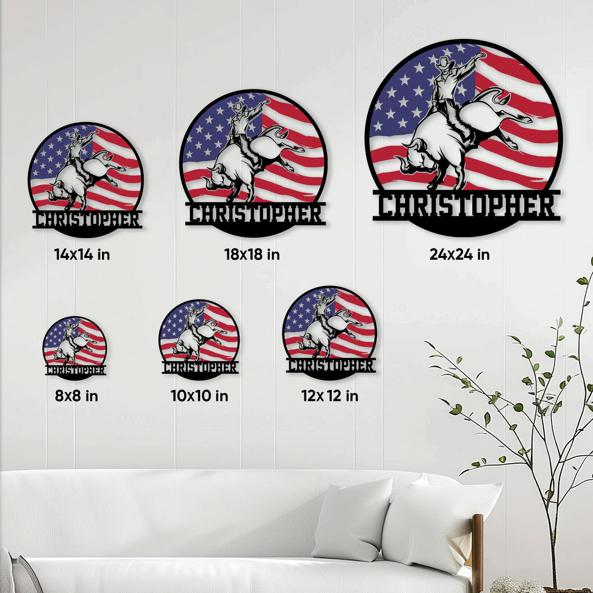 Rodeo bull rider metal sign size guide showing multiple circular size options in a living room