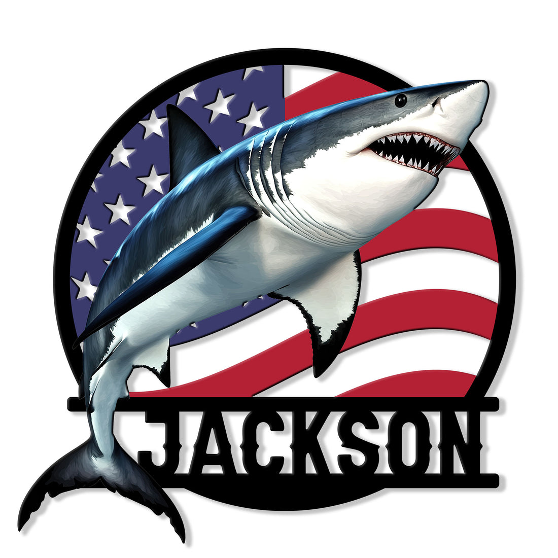 Patriotic shark metal sign featuring a dramatic great white shark over an American flag background