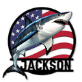 Patriotic shark metal sign featuring a dramatic great white shark over an American flag background