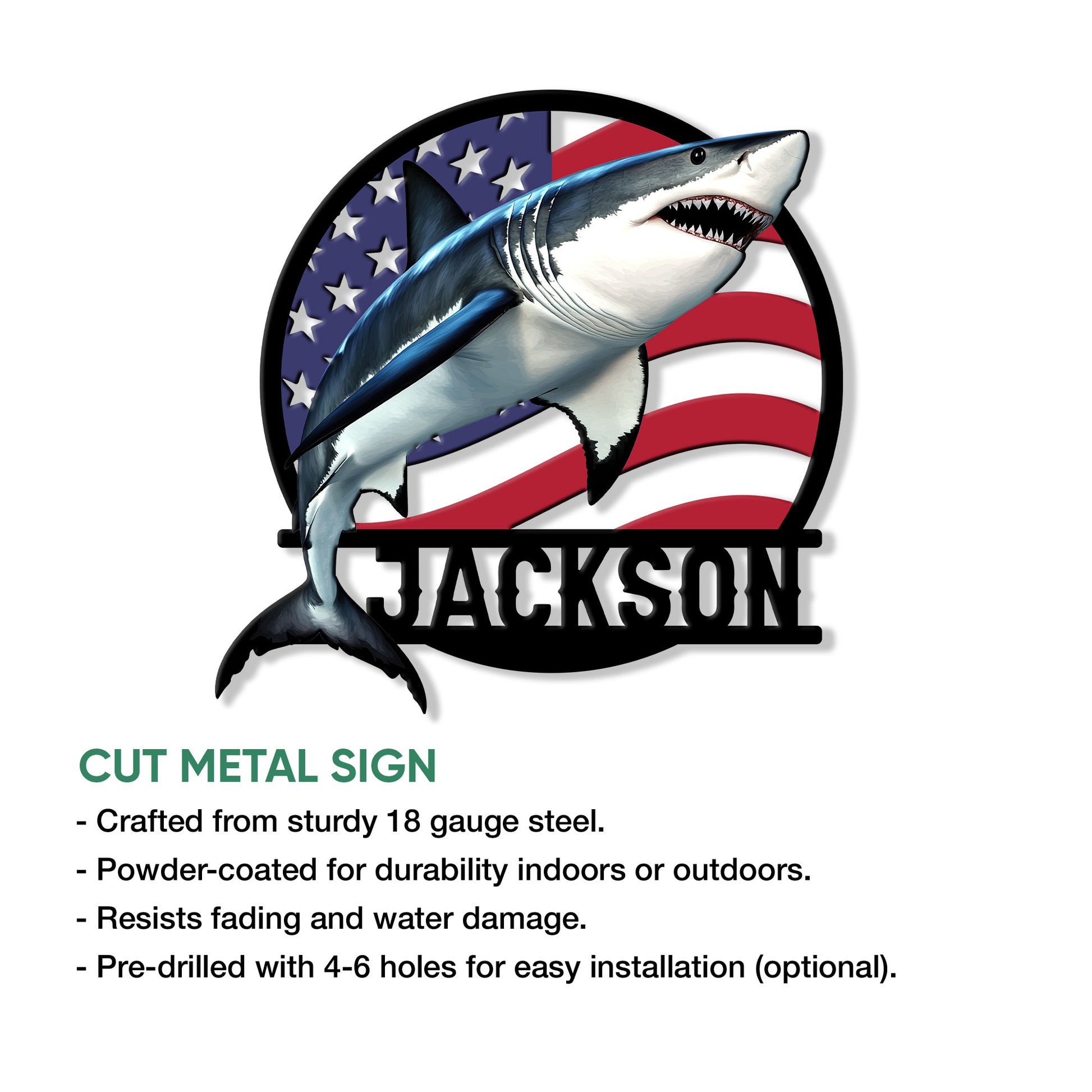 Shark metal sign feature graphic showing the patriotic design and cut metal sign presentation