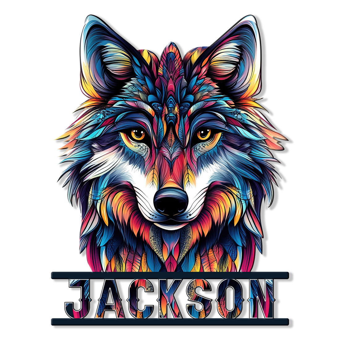 Colorful wolf metal sign featuring a bold front-facing wolf portrait in vivid blue, orange, pink, and purple tones