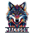 Colorful wolf metal sign featuring a bold front-facing wolf portrait in vivid blue, orange, pink, and purple tones