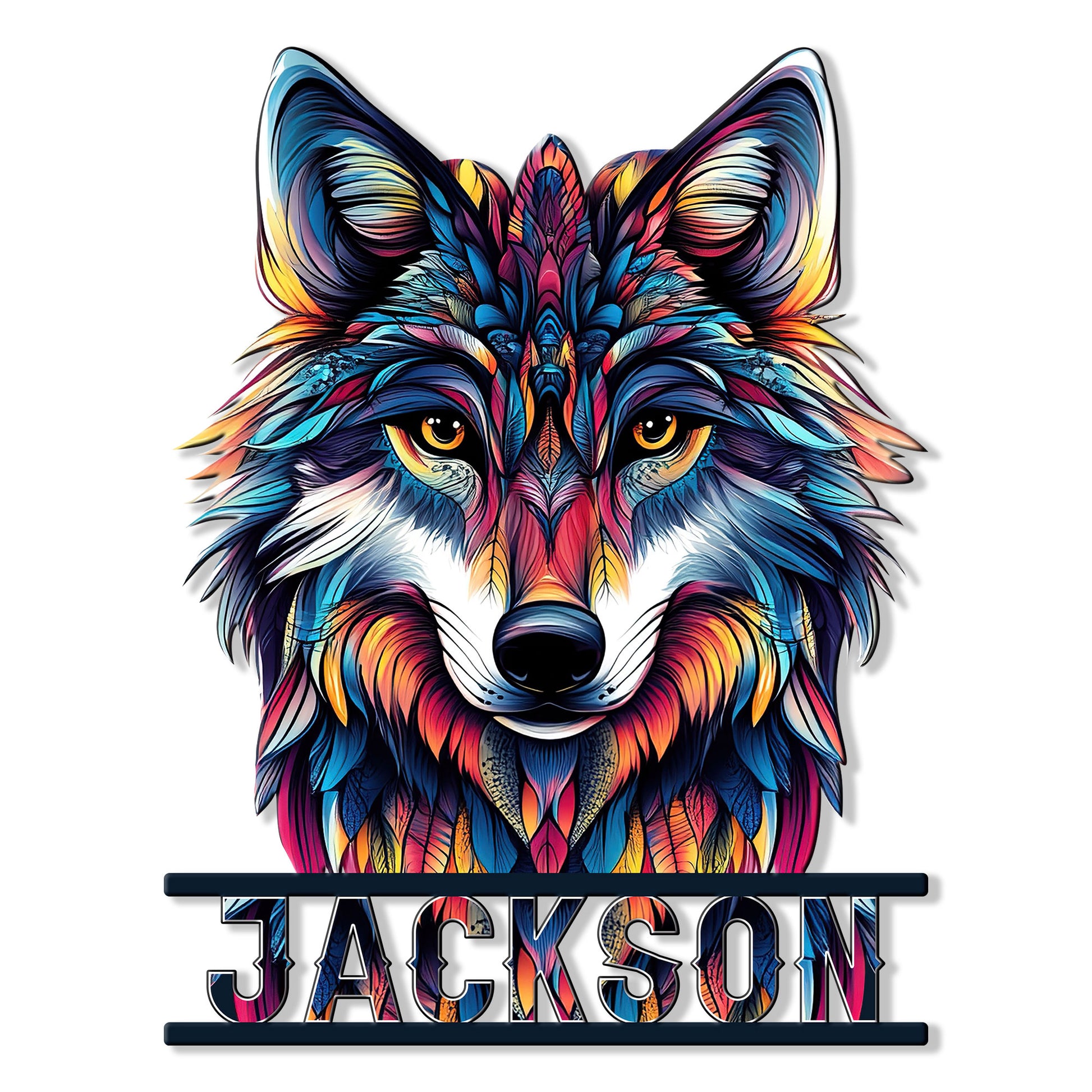 Colorful wolf metal sign featuring a bold front-facing wolf portrait in vivid blue, orange, pink, and purple tones