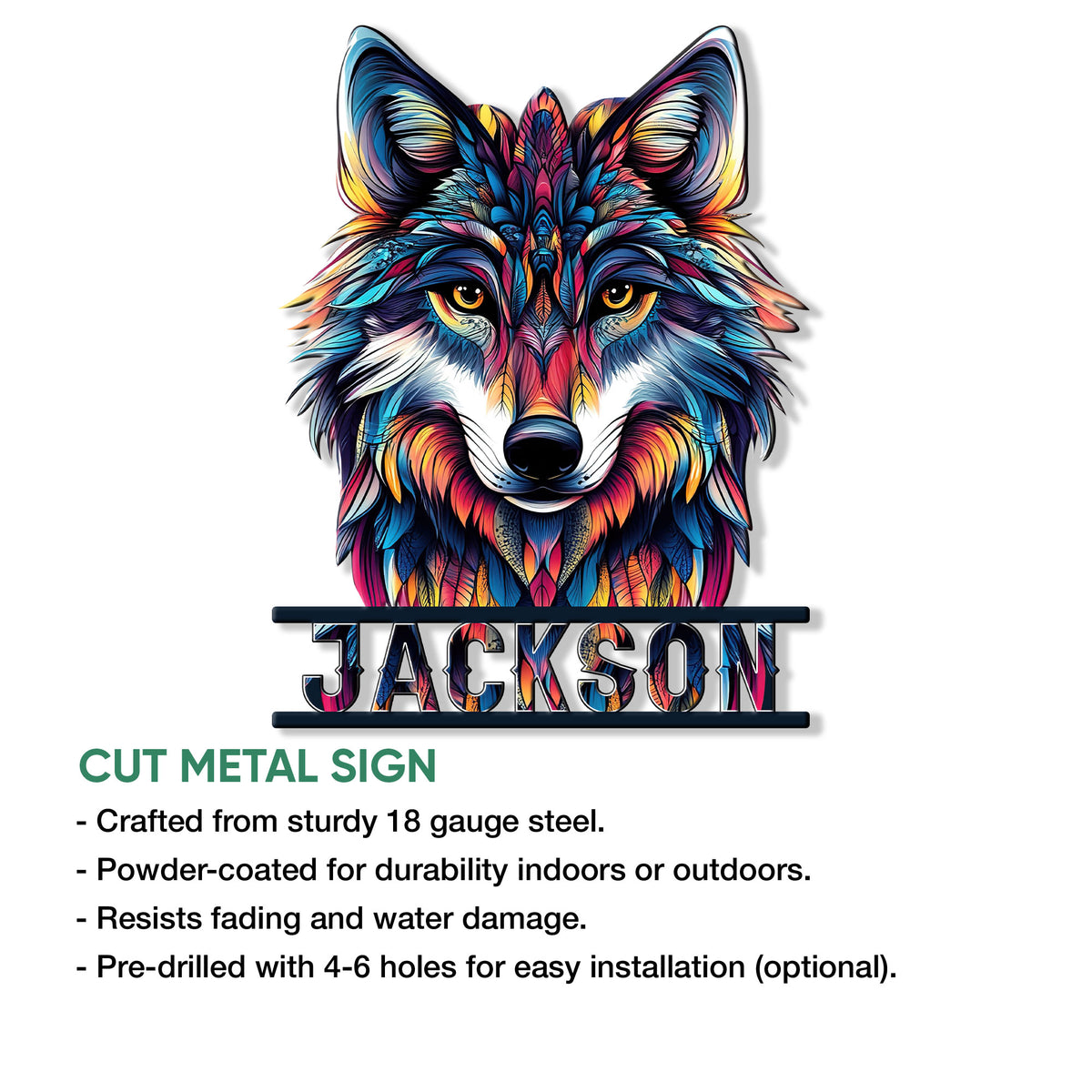 Wolf metal sign product infographic showing the colorful wildlife portrait and available sign features