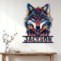 Colorful custom wolf metal sign displayed as striking wall decor above a rustic console table