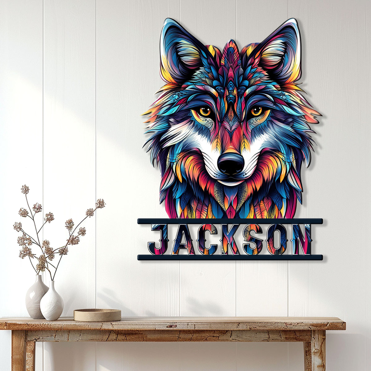 Colorful custom wolf metal sign displayed as striking wall decor above a rustic console table
