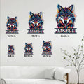 Wolf metal sign size guide showing multiple square size options arranged on a bright living room wall
