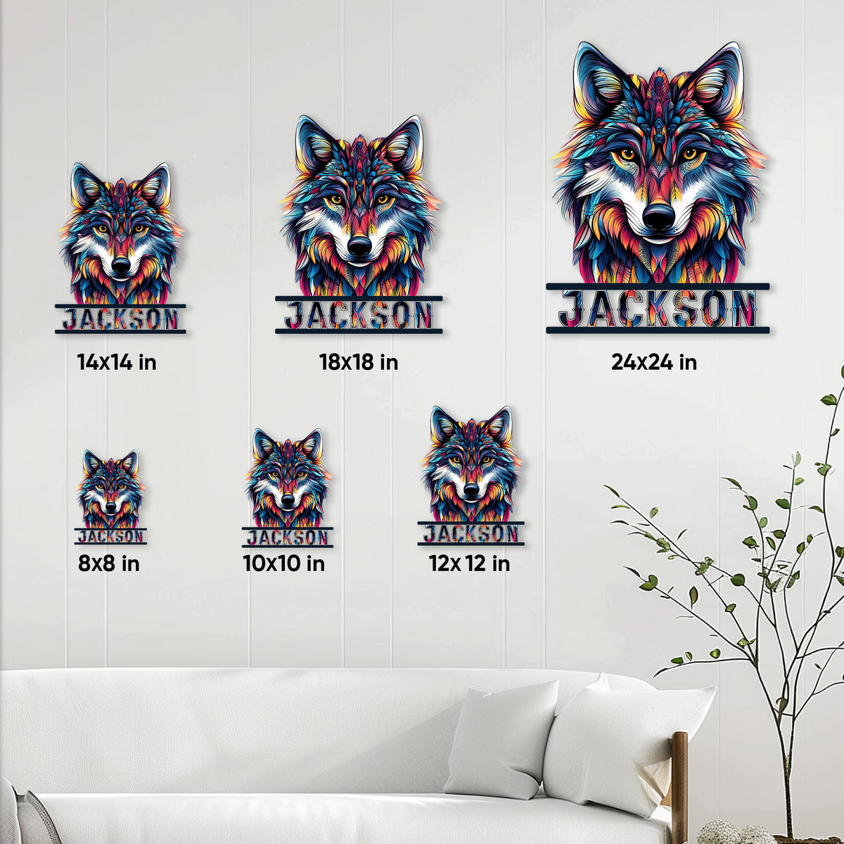 Wolf metal sign size guide showing multiple square size options arranged on a bright living room wall