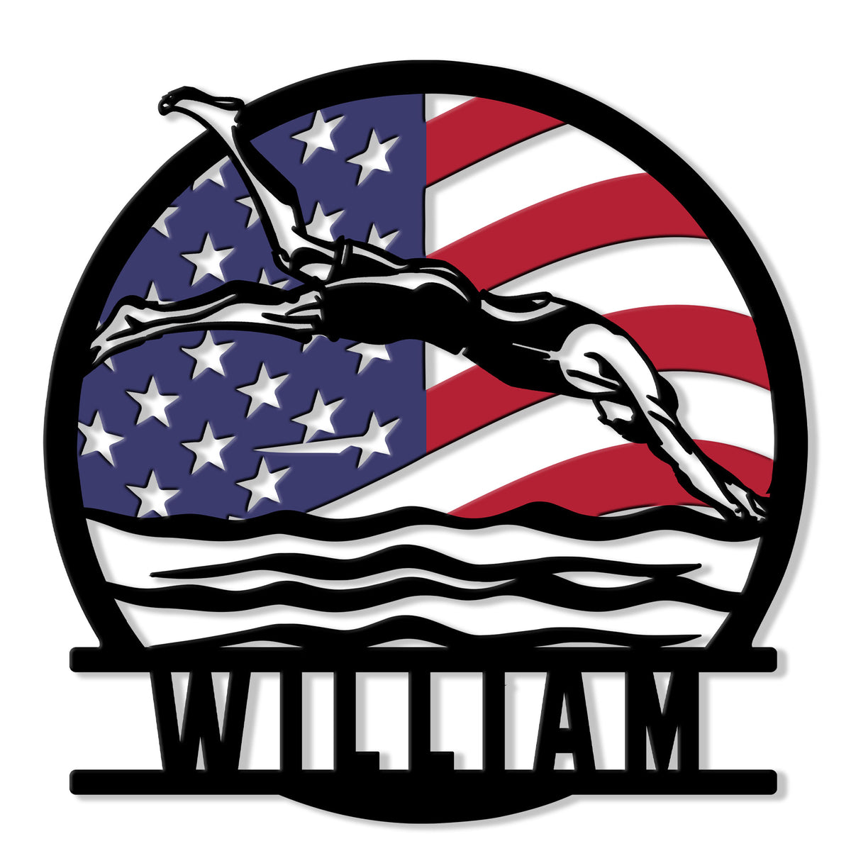 Patriotic swimming metal sign featuring a freestyle swimmer silhouette over American flag colors and flowing waves