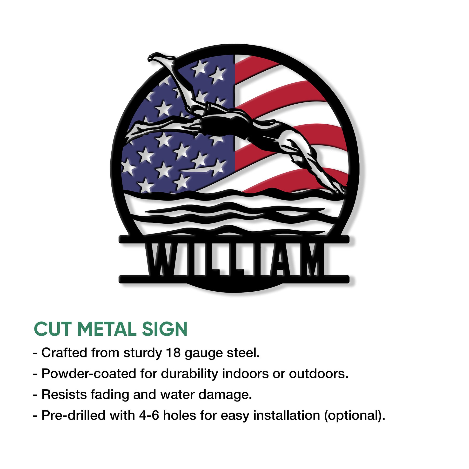 Cut metal swimming sign with a dynamic swimmer silhouette, patriotic flag design, and wave details