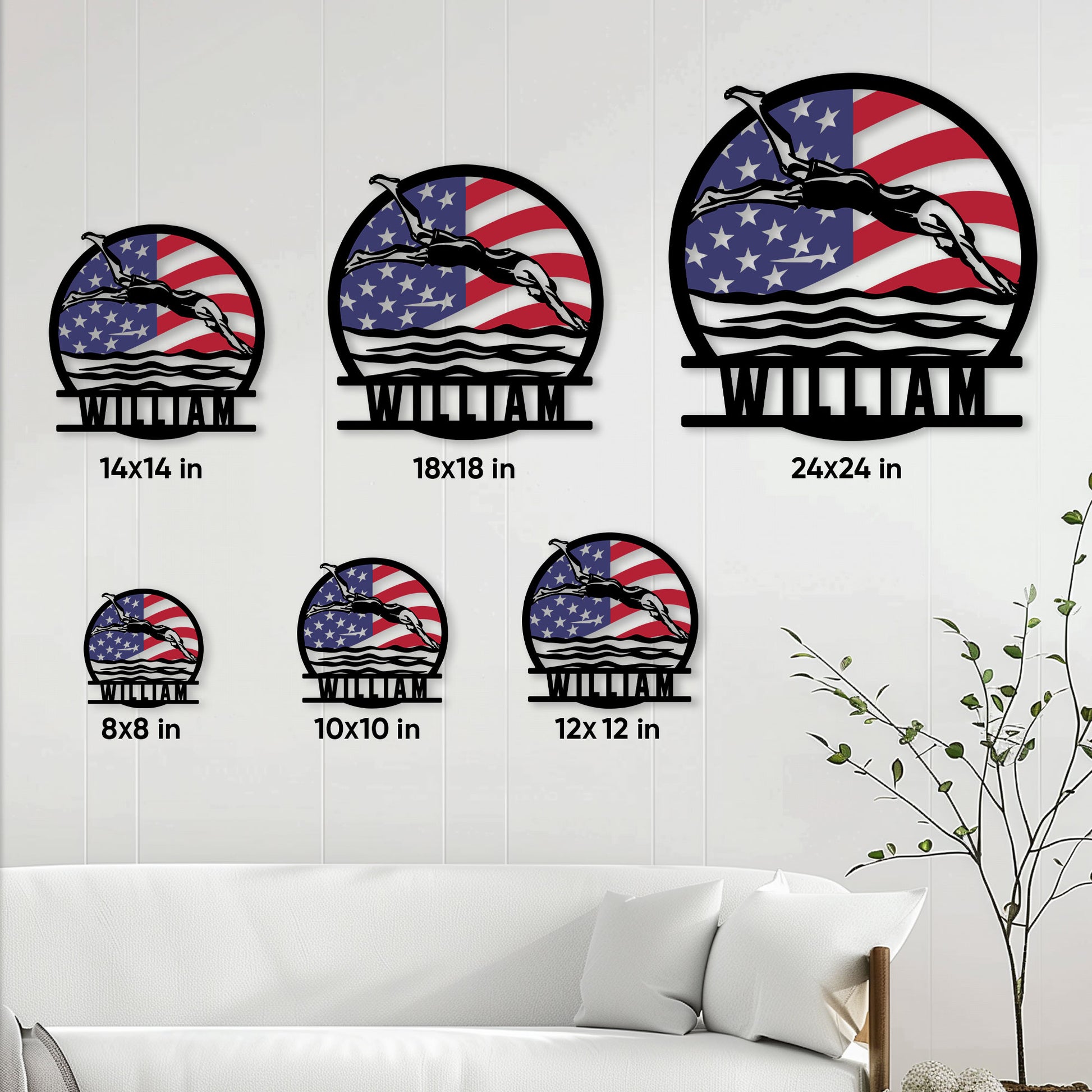Swimming metal sign size guide showing multiple square size options in a bright living room setting
