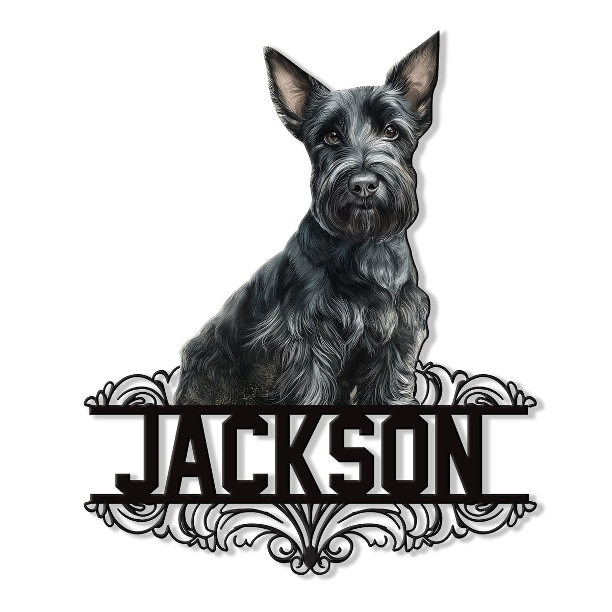 Custom Scottish Terrier metal sign featuring a detailed black Scottie portrait and ornate frame