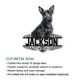 Scottish Terrier cut metal sign shown in a product feature infographic