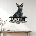 Scottish Terrier metal wall sign displayed on a bright paneled wall above a console table
